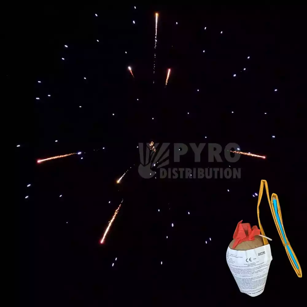 Bombe 75mm pivoine bleue, pistil or blanc palmier, traînée argent