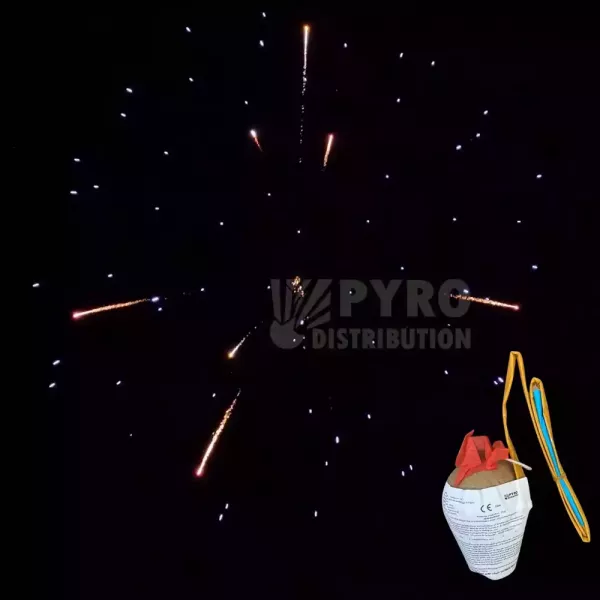 Bombe 75mm pivoine bleue, pistil or blanc palmier, traînée argent