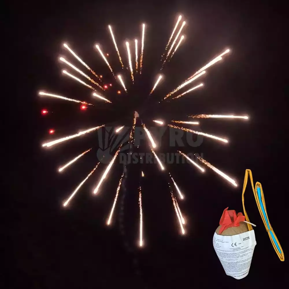 Bombe 75mm couronne argent vers pistil rouge, traînée argentée