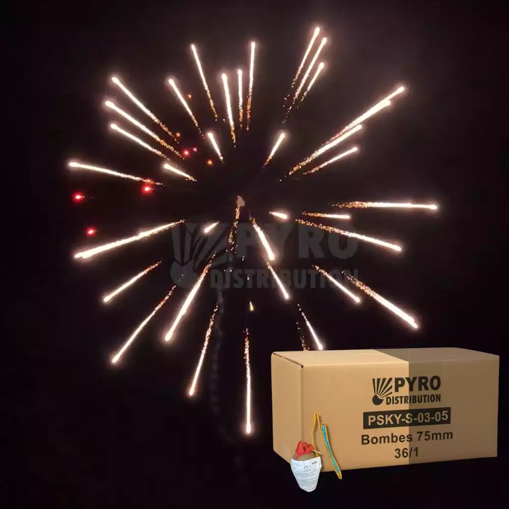 Demi carton de bombes 75mm couronne argent vers pistil rouge, traînée argentée