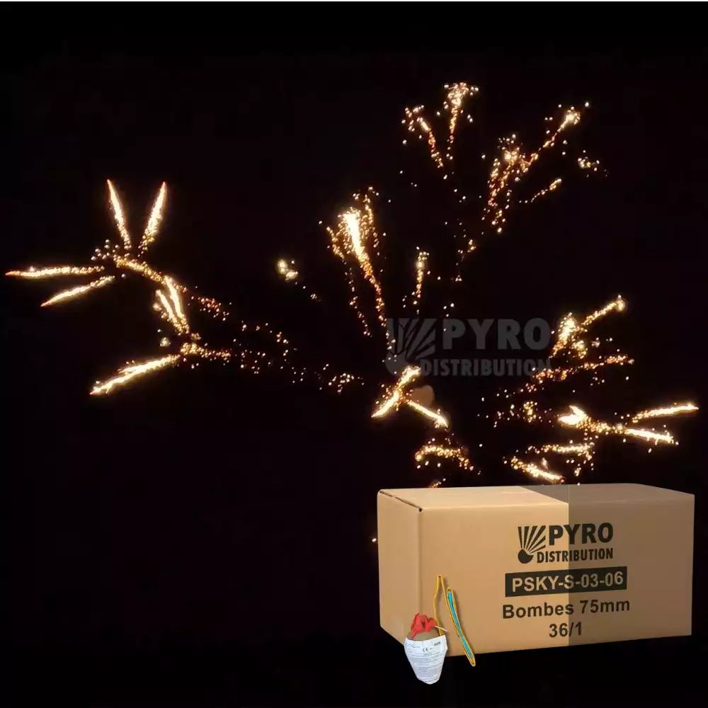 Demi carton de bombes 75mm crossette crépitante avec traînée argentée