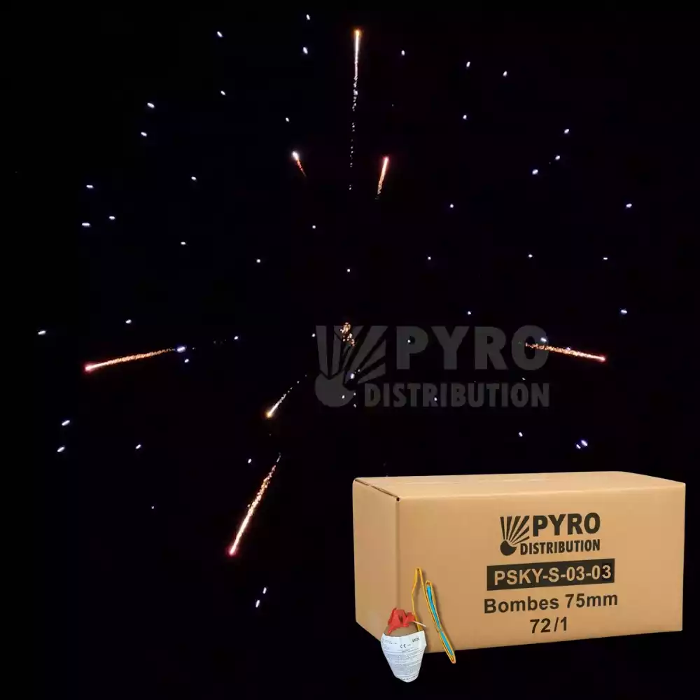 Carton de bombes 75mm pivoine bleue, pistil or blanc palmier, traînée argent 