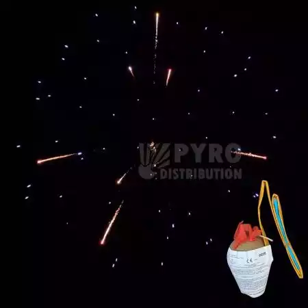 Carton de bombes 75mm pivoine bleue, pistil or blanc palmier, traînée argent 