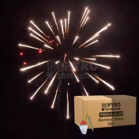 Bombe 75mm couronne argent vers pistil rouge, traînée argentée