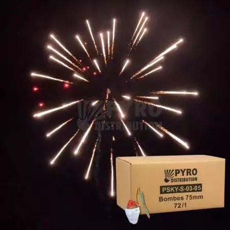 Bombe 75mm couronne argent vers pistil rouge, traînée argentée