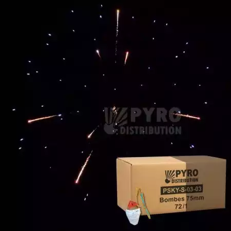 Bombe 75mm pivoine bleue, pistil or blanc palmier, traînée argent