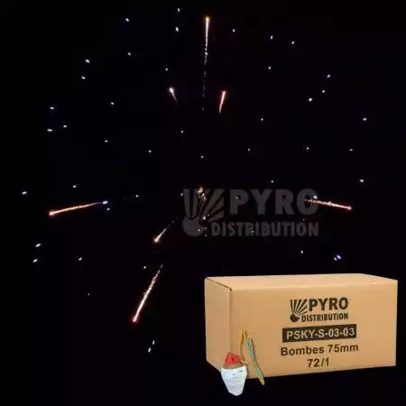 Bombe 75mm pivoine bleue, pistil or blanc palmier, traînée argent